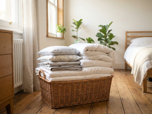 Keranjang anyaman rotan berisi tumpukan bed cover putih dan selimut tebal di dalam kamar tidur yang rapi